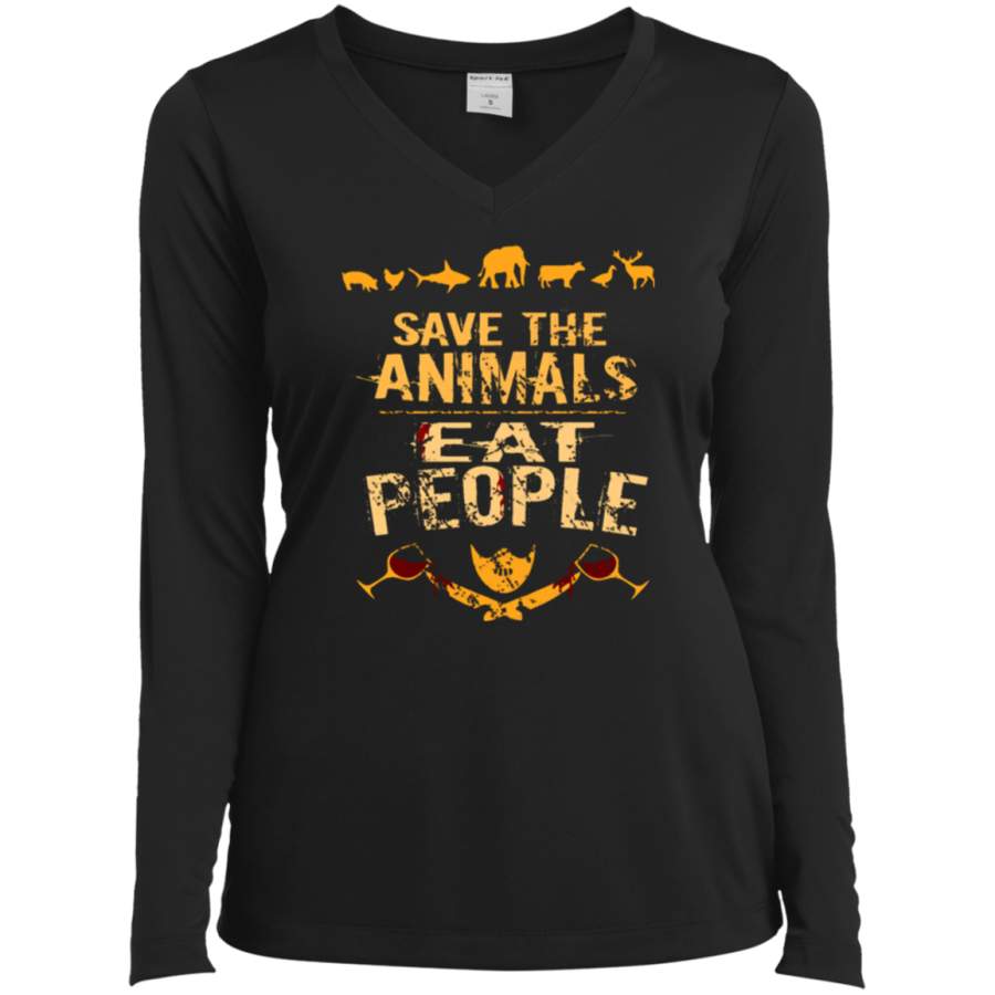 save the animals, EAT PEOPLE 4 Ladies’ LS Performance V-Neck T-Shirt