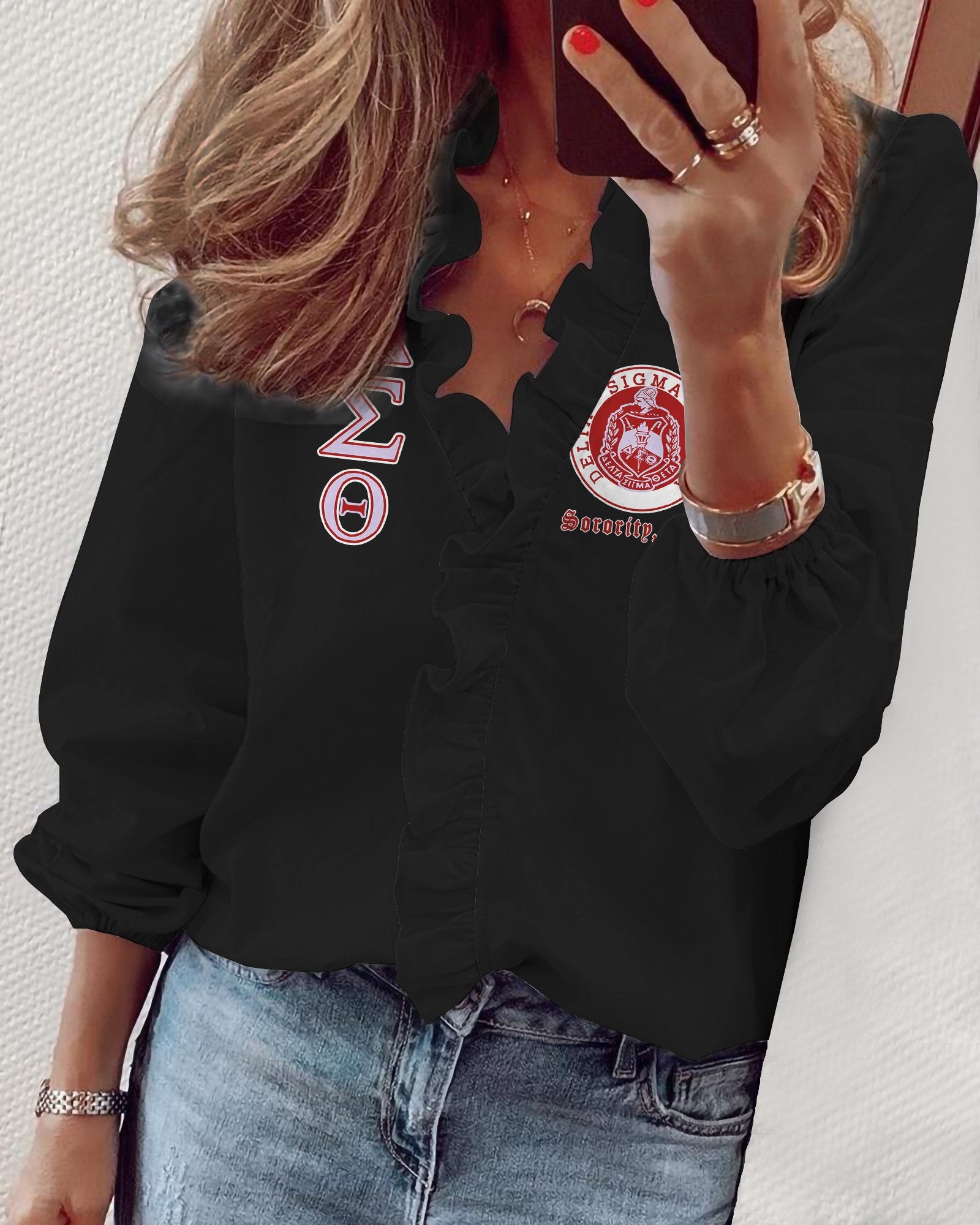 Delta Sigma Theta V-Neck Long Sleeve Lace Shirt 01