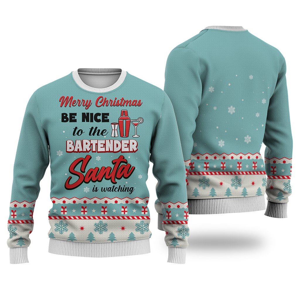 Unifinz Bartender Christmas Ugly Sweater Merry Christmas Be Nice To The Bartender Santa Is Watching Blue Sweater 2022