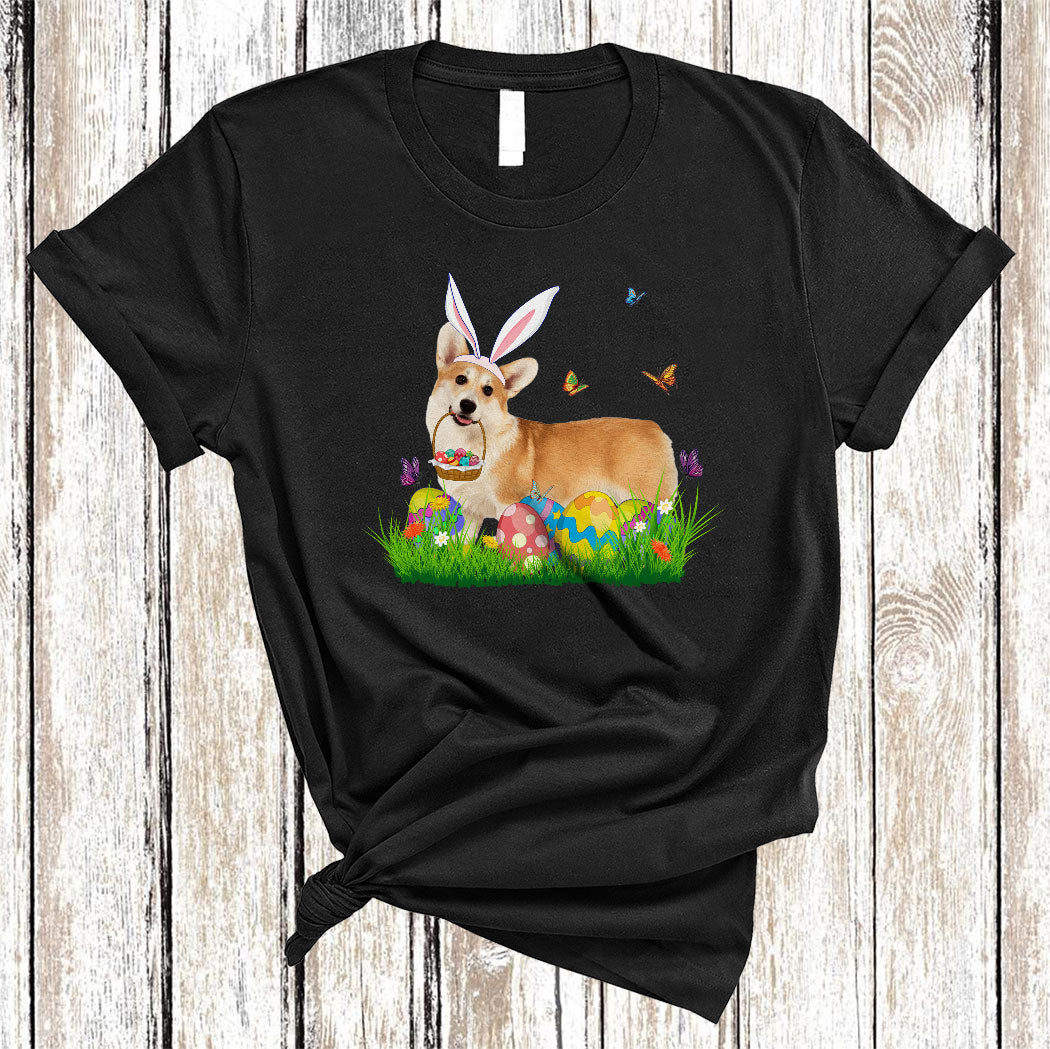 Bunny Corgi With Easter Egg Basket Cute Easter Butterfly Flower Egg Hunt Dog Lover Gifts T-Shirt