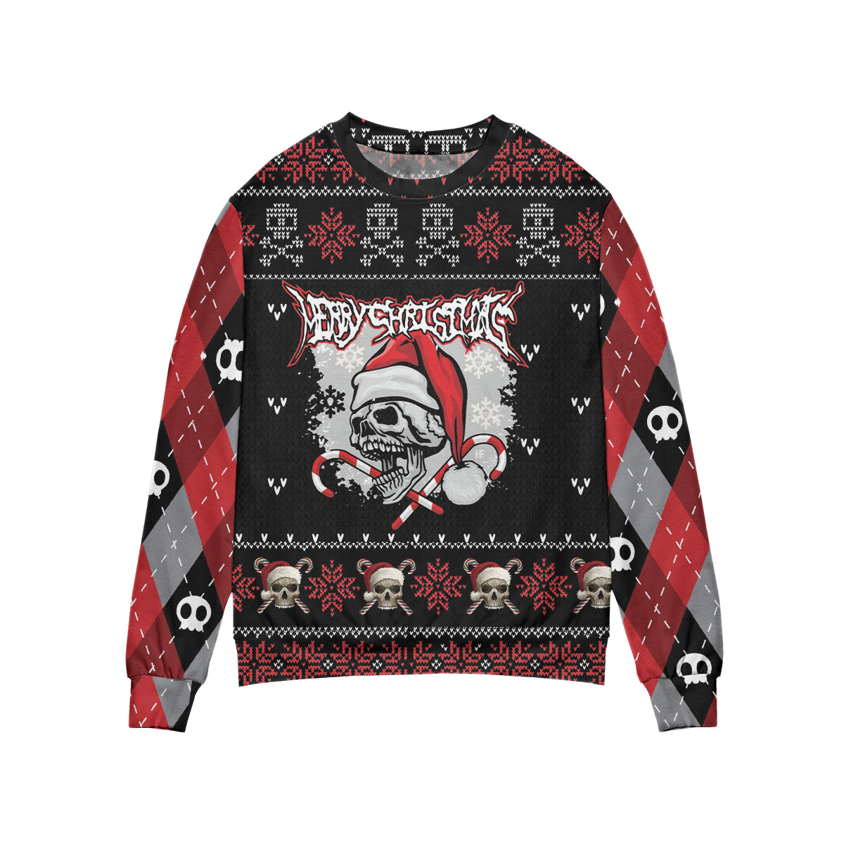 Aggressive Skull Christmas All Over Print Sweater, Creepy Santa Hat Skull Ugly Sweater Shirt