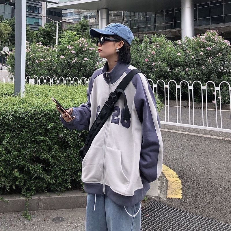 2022 spring autumn Korean new jacket hip hop retro blue gray baseball uniform sweatshirt patch cardigan stand-up collar coat top alx