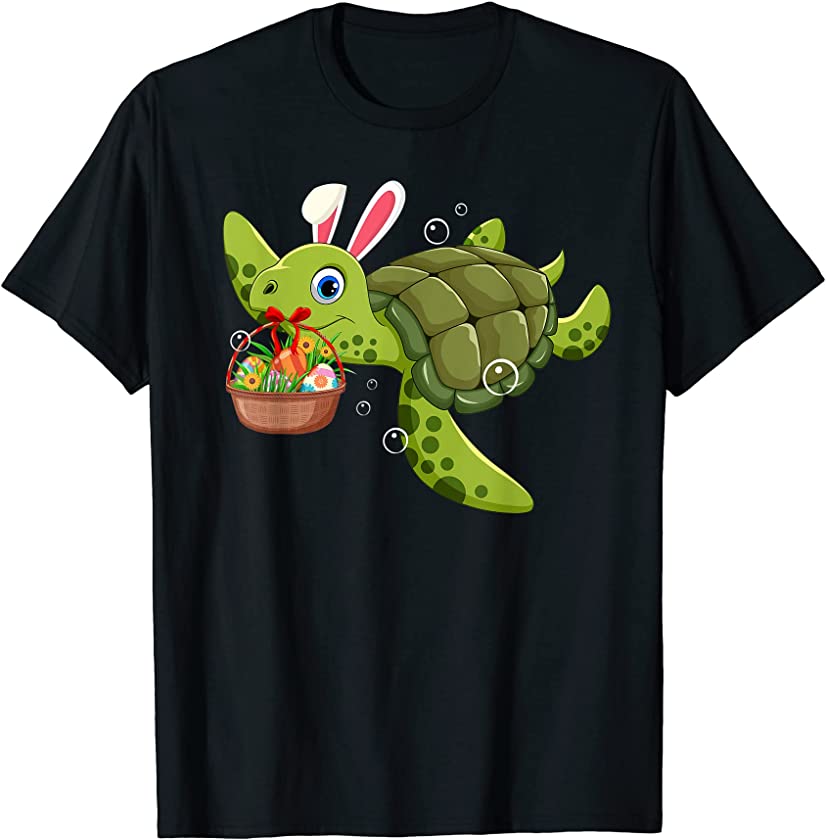 Cute Bunny Turtle Hold Easter Eggs Basket Happy Easter Day T-Shirt