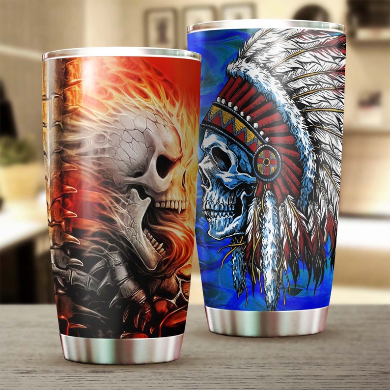 Native American Man Skull Tumbler-Skull Tumbler-Fancy Skull Birthday Gift Christmas Gift For Her For Him