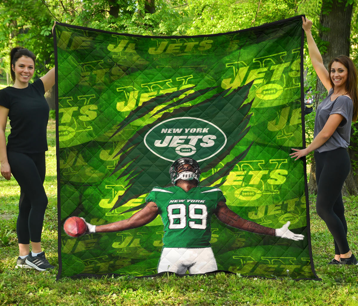 New York American Football Jets Football Player 89 Celebrating Score Holding Ball  Premium Quilt Blanket