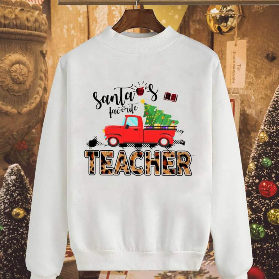 Teacher merry christmas santa’s favorite red truck xmas tree leopard plaid apple white sweatshirt for men and women S-5XL