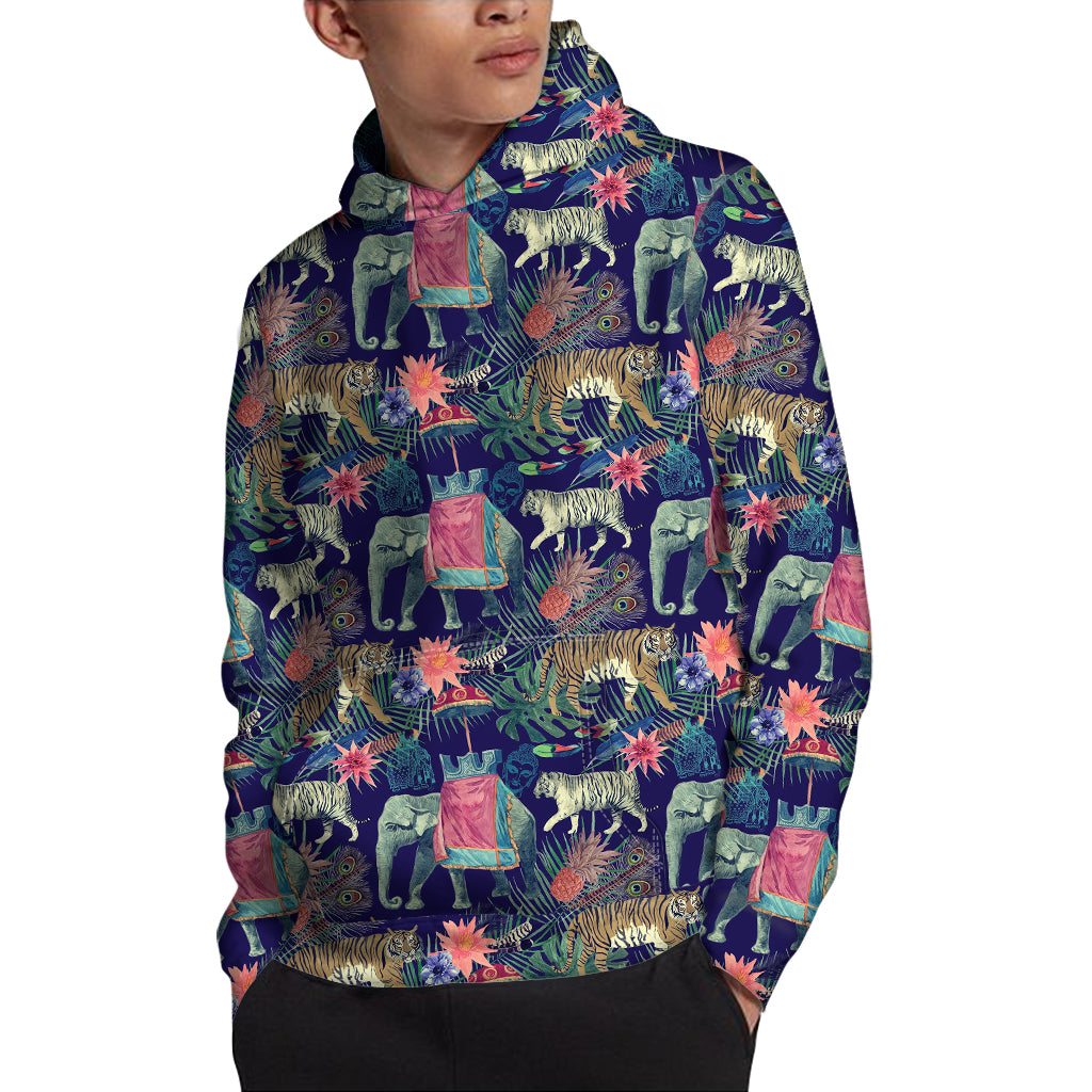 Asian Elephant And Tiger Print Pullover Hoodie