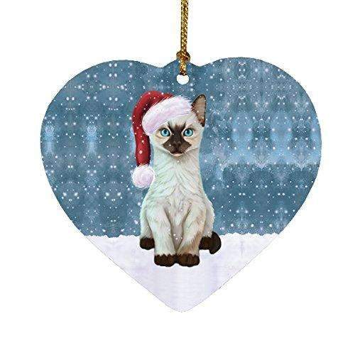 Let It Snow Christmas Holiday Siamese Kitten Cat Wearing Santa Hat Heart Ornament D239