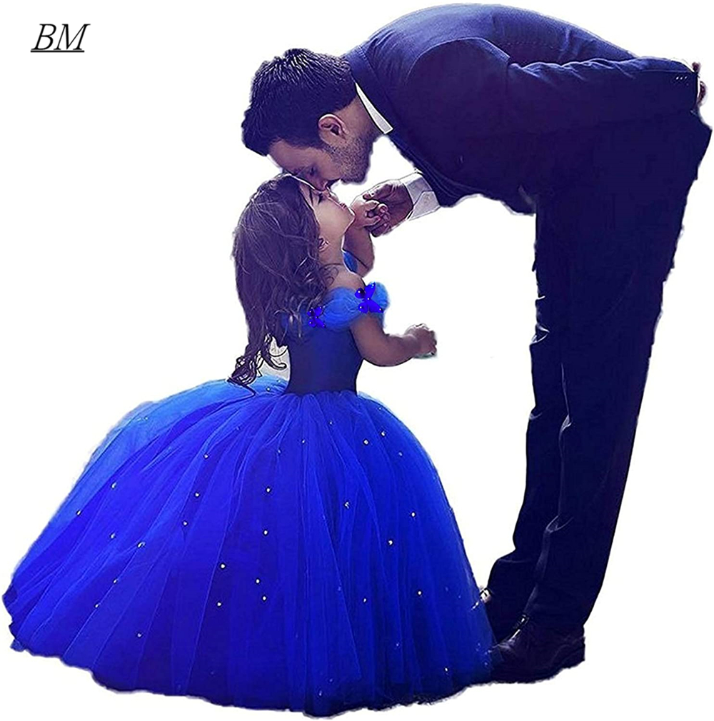 BM Puffy Royal Blue Lace Ball Gown Cinderella Flower Girl Dresses Princess Children Pageant Wedding Party Gown First Commun alx