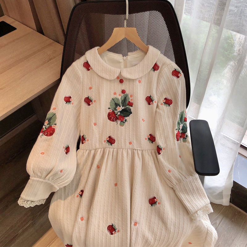 2021 Winter Dress Women French Style Peter Pan Collar Long Sleeve Flowers Embroidery Dresses Fairy Slim Waist Knitting Clothes alx