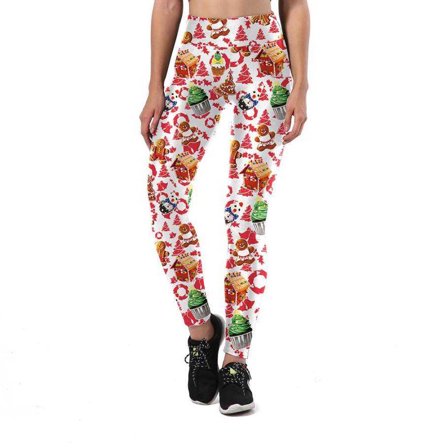 Ugly Christmas Party Women’s White & Red Slim High Waisted Elastic Printed Fitness Workout Leggings