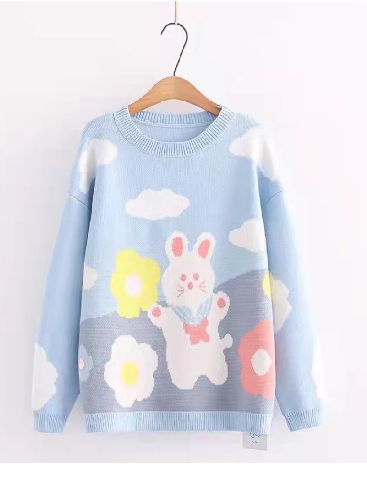 Blue Rabbit Cute Sweaters Women’s Jumper Sweet Style Blue Rabbit Pullover Kawaii Sweater Long Sleeve Loose Knitted Pullovers alx