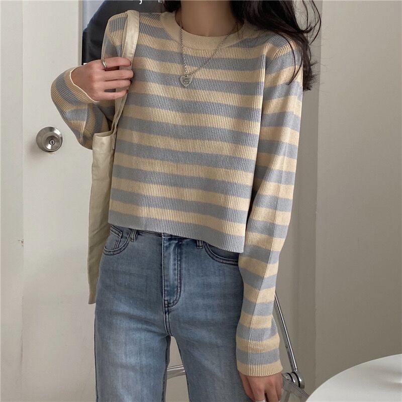 Autumn slim Casual Knitted Sweater Pullover O-neck Long Sleeve stripe Sweaters T-shirt Female Jumpers crop Top Y2K Women Clothes alx