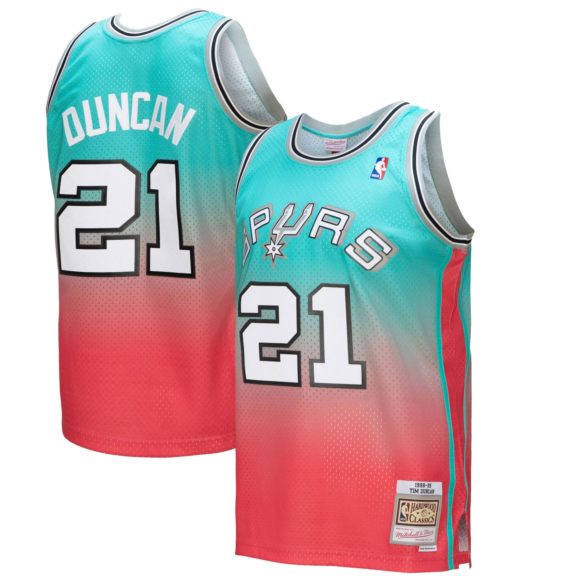 Tim Duncan San Antonio Spurs Mitchell & Ness 1998/99 Hardwood Classics Fadeaway Swingman Player Jersey – Pink/teal NBA