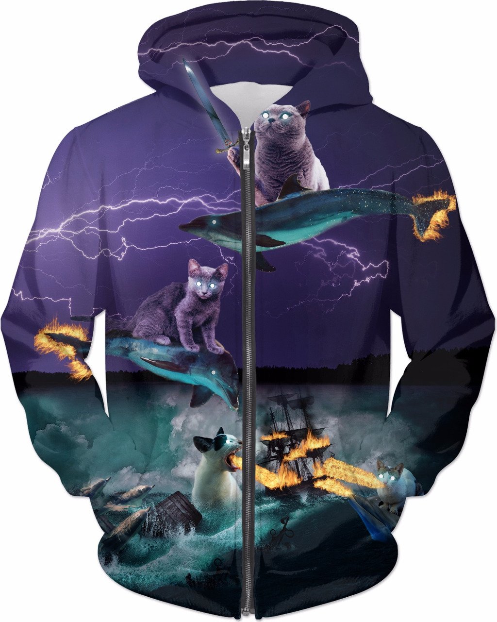 Cats Riding Fire Dolphins Wreaking Sea Havoc Zip-Up Hoodie