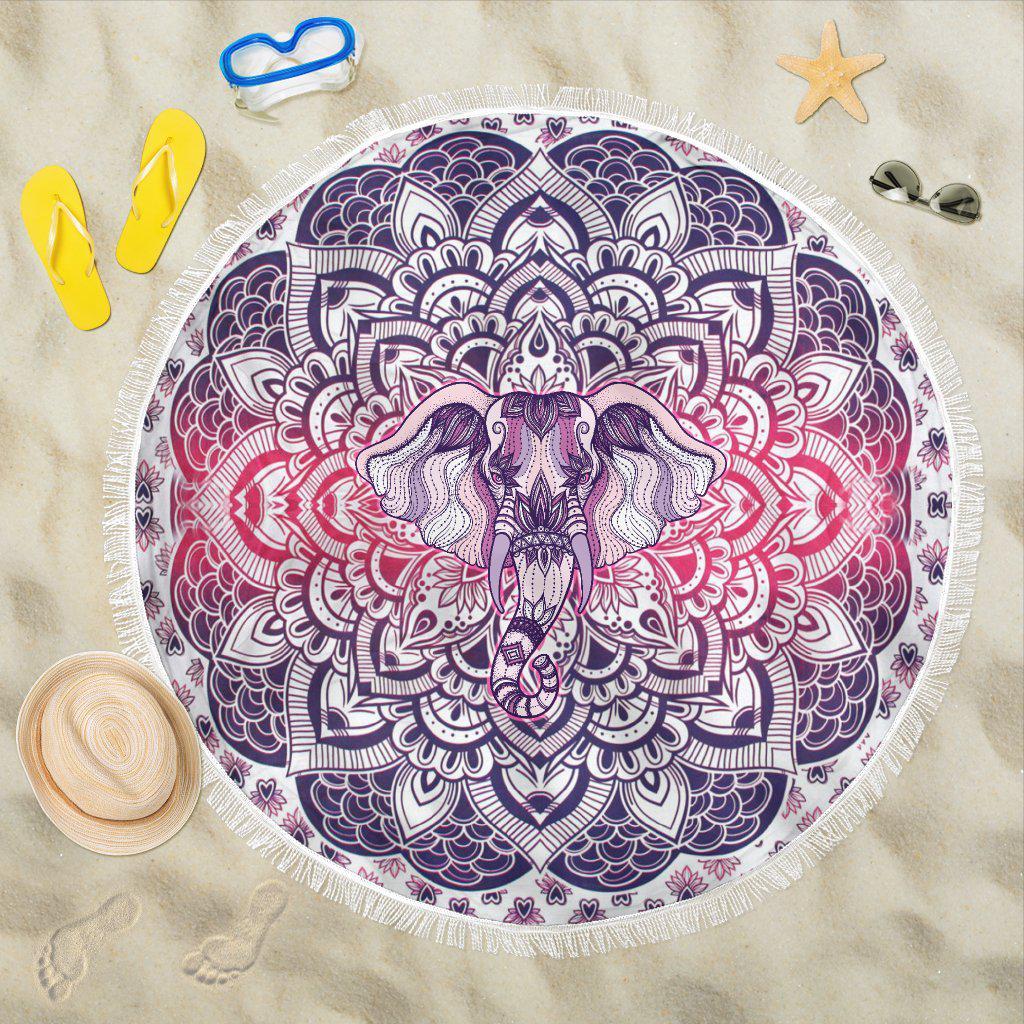 Lucky Purple Elephant Mandala Roundie Beach Blanket Round Beach