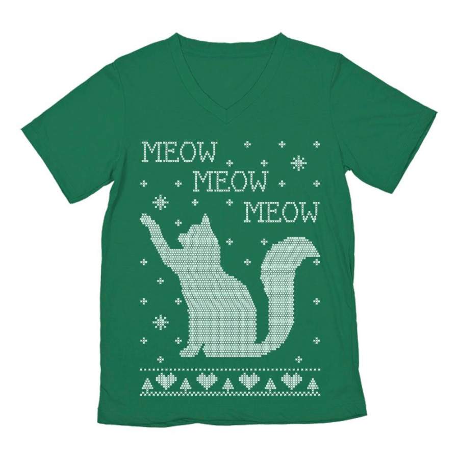 Xmas Apparel – Ugly Christmas Sweater Cat Meow Purr V-Neck T-Shirt