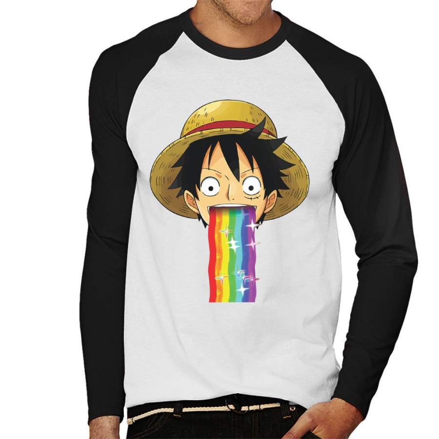 One Piece Monkey D Luffy Puking Rainbow Snapchat Filter Men’s Baseball Long Sleeved T-Shirt