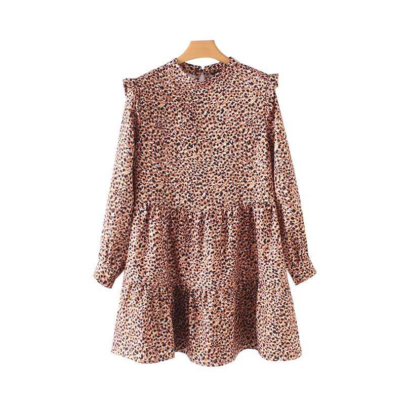 sweet ruffled leopard mini  animal long sleeve  dresses