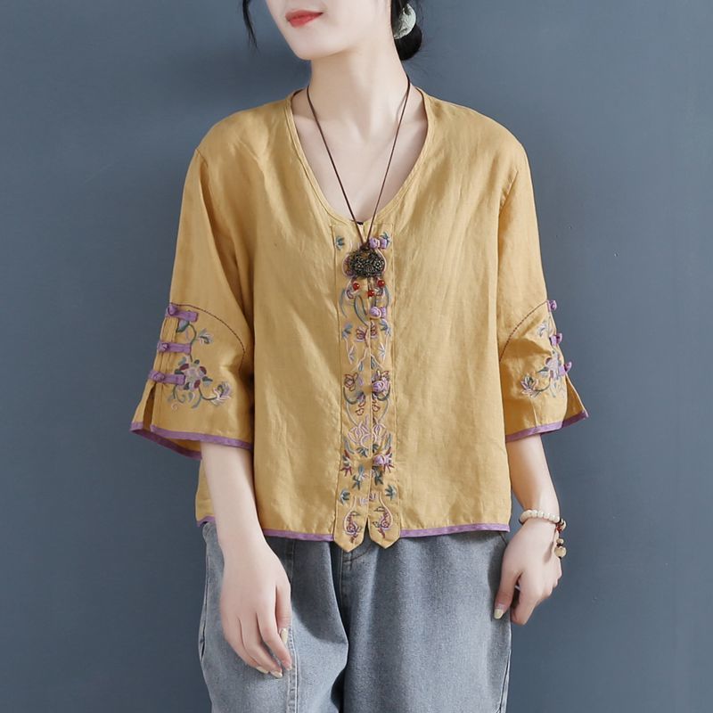 Vintage Embroidered Buckle Cotton Linen Shirt Women Summer V-Neck Loose Casual Chinese Style Top Ladies Blouses 4XL alx