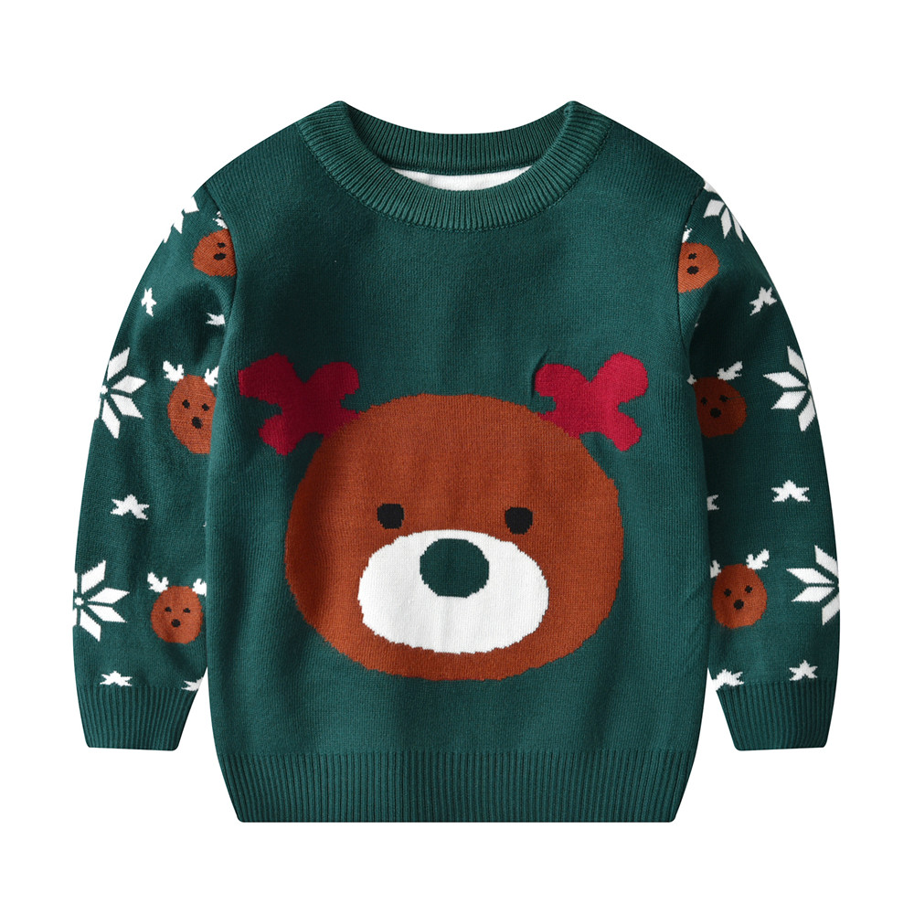 Christmas Toddlers Casual Sweater Little Girls Boys Cartoon Antler Bear Jacquard Long Sleeve Round Collar Pullover Knitwear 3-8T alx