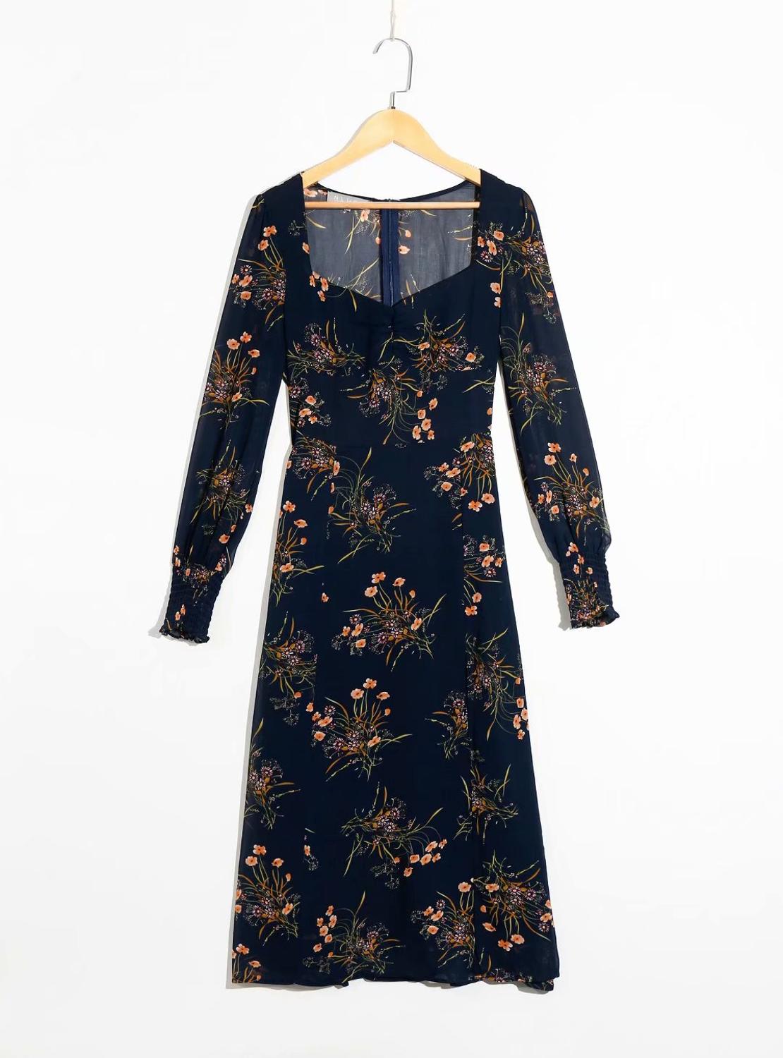 Bazaleas 2020 Fashion Long Sleeve women midi dress Vintage Floral Print Navy split opens dress France Chiffon vestido alx