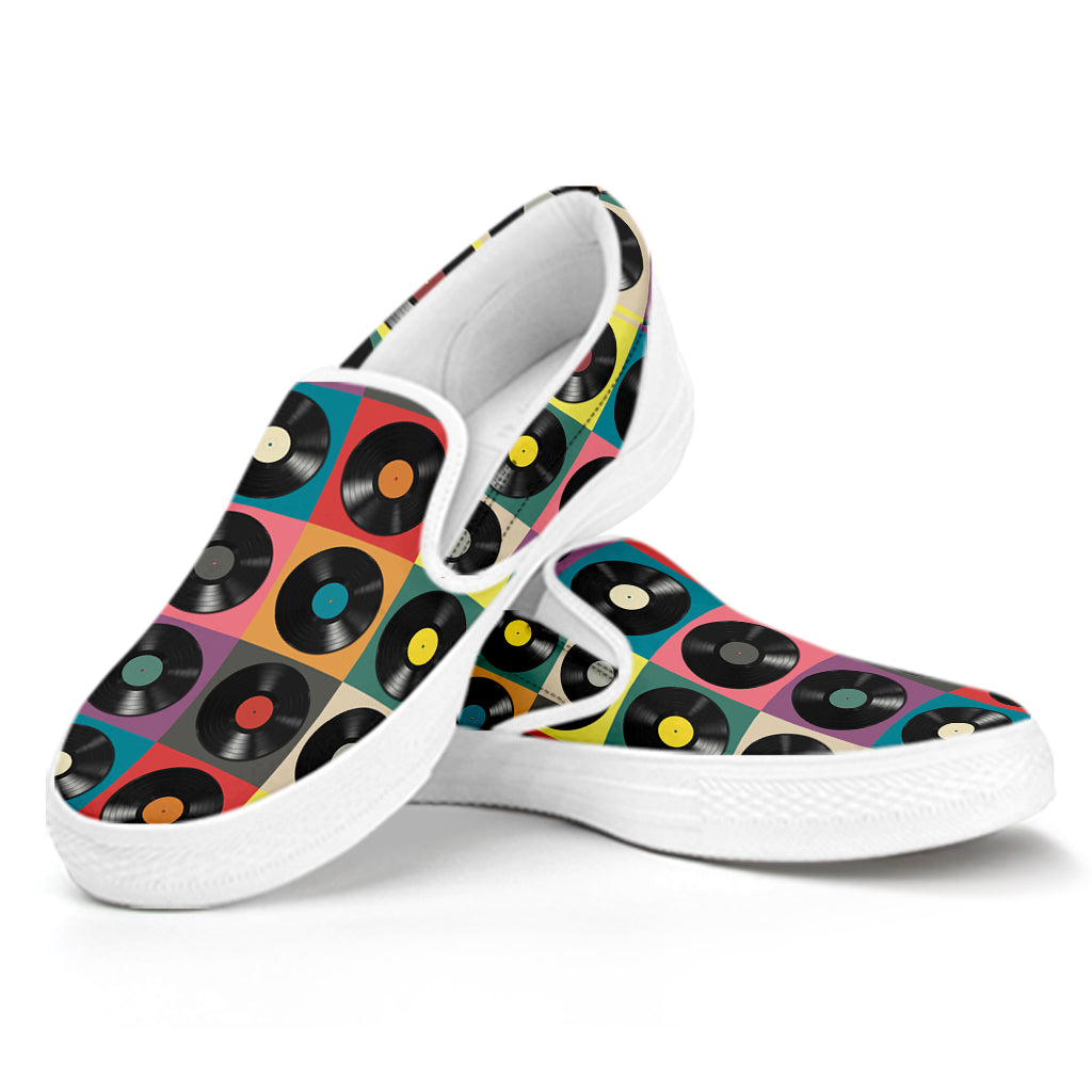 Vintage Vinyl Records Pattern Print White Slip On Shoes