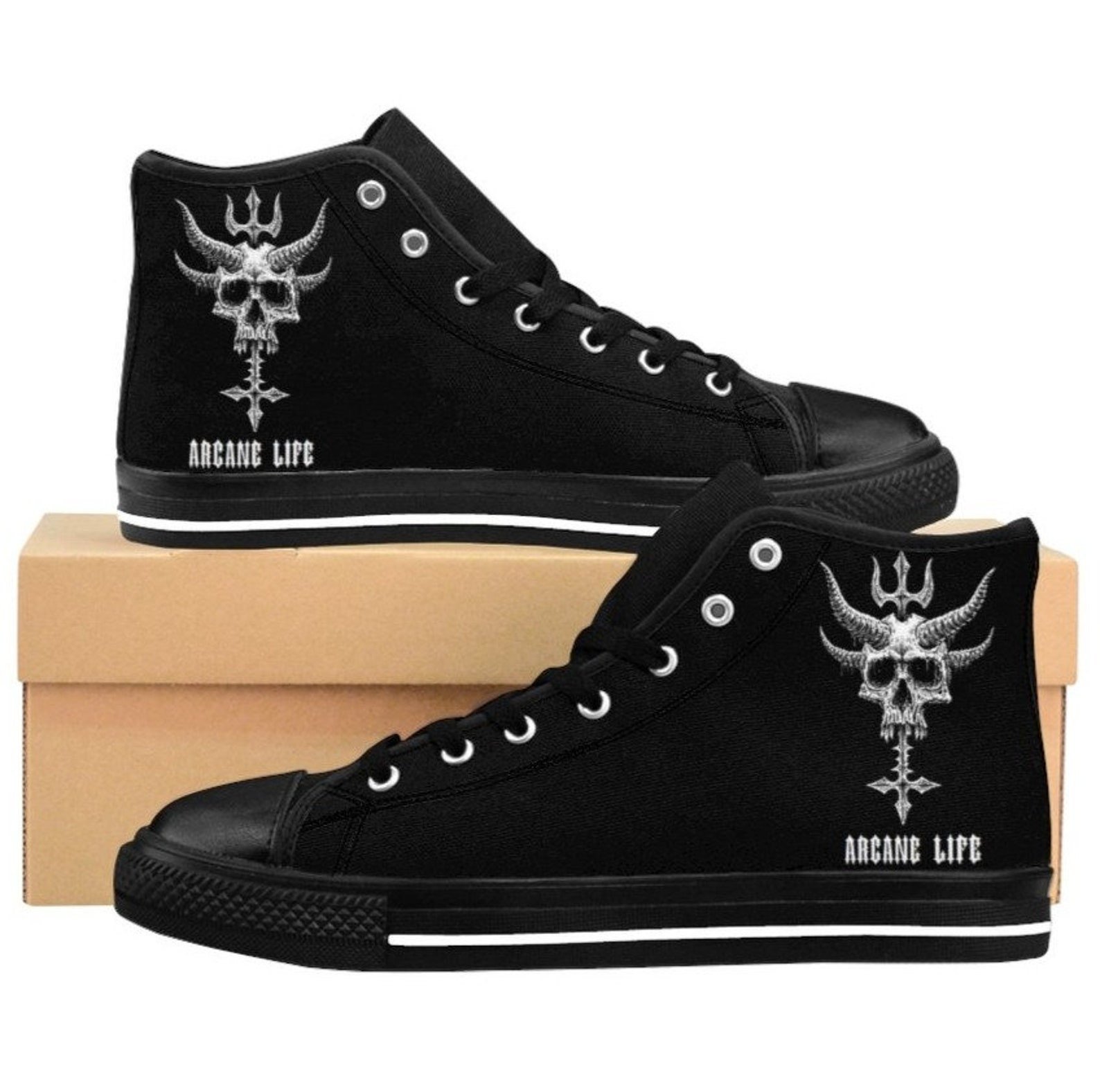 Skull Horn Inverted Cross Arcane Life High Top Shoes - TattoosCafe