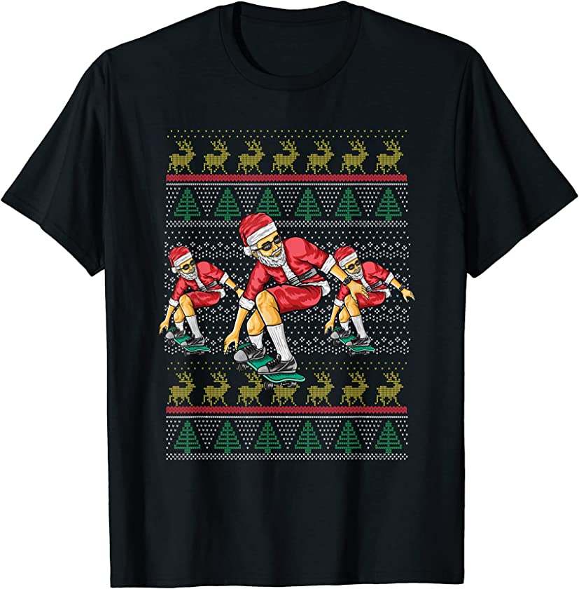 Ugly Christmas Skateboard Skateboarding Santa Claus New Year T-Shirt