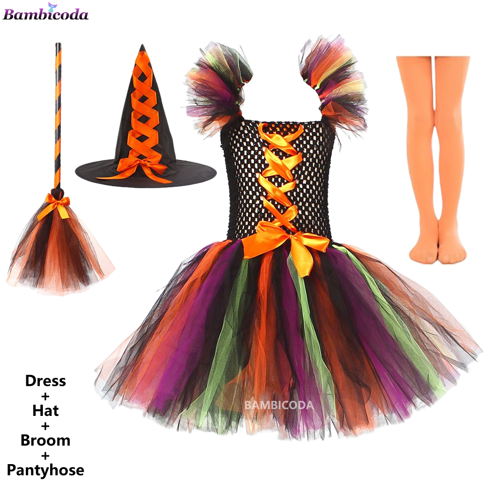 2022 Disguise Witch Costume for Girls Halloween Tutu Knee Dress with Hat Broom Pantyhose Kids Carnival Cosplay Party Outfit Set alx