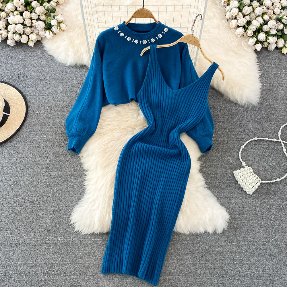 VigoJany 2022 Autumn Winter Women Green Knit Suit Puff Long Sleeve O Neck Tops Knitted Madi Dress Ladies Slim Fit Sweater Set alx