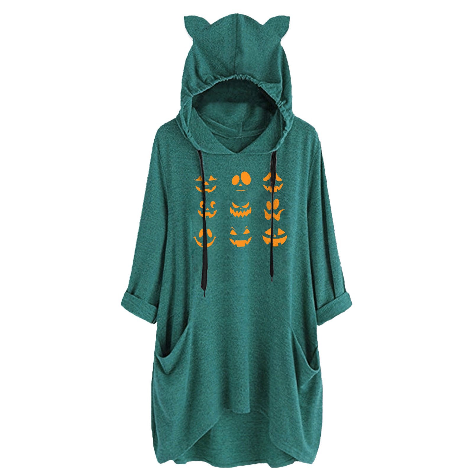 Women’s Halloween Ears Hat Hooded Top Long Sleeve Cute Print Loose Two Pocket Sweatshirt Sweatshirt Casual alx