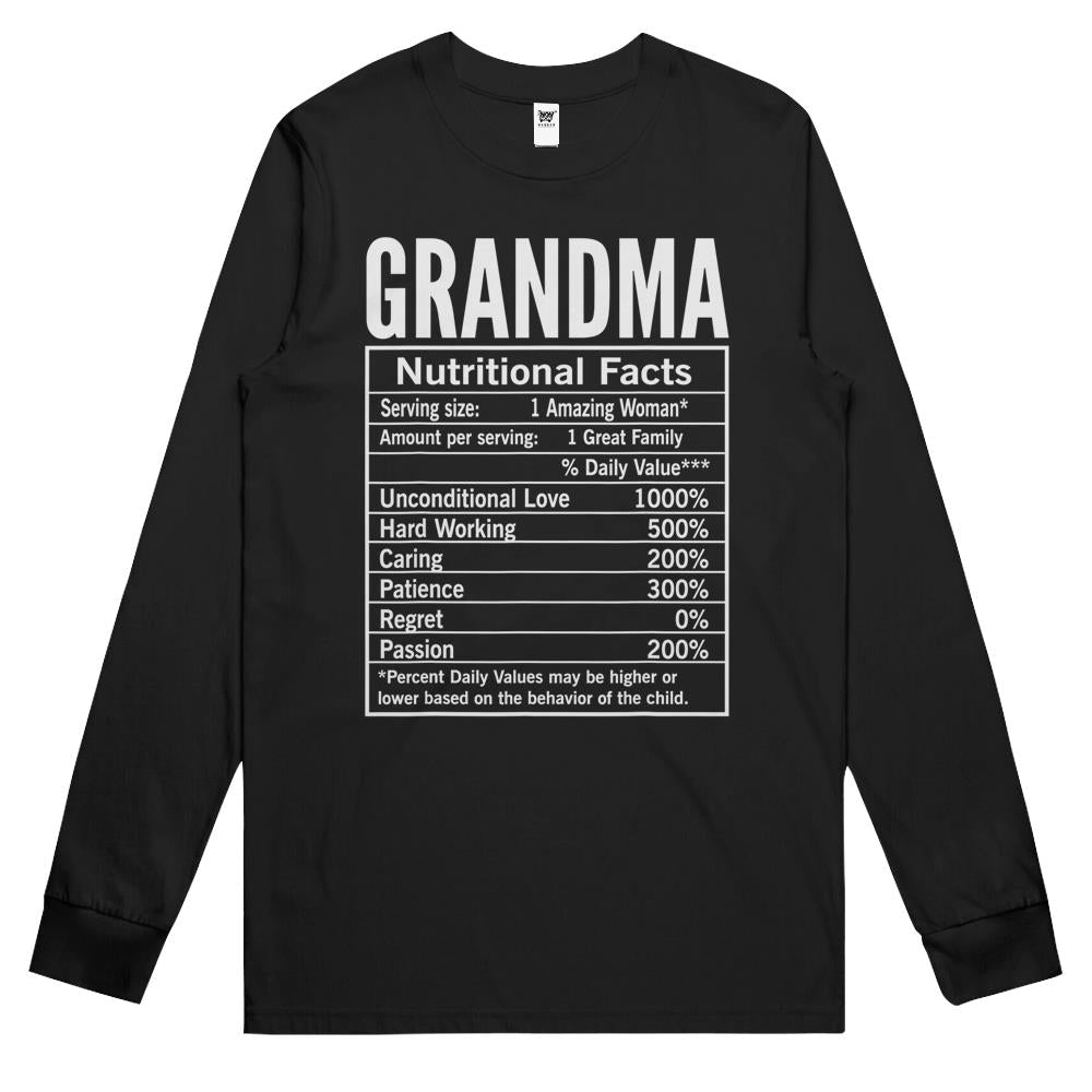 Nutritional Facts Shirt, Nutrition Facts Long Sleeve T Shirts, Grandma Nutritional Facts Funny Grandmother Long Sleeve T Shirts