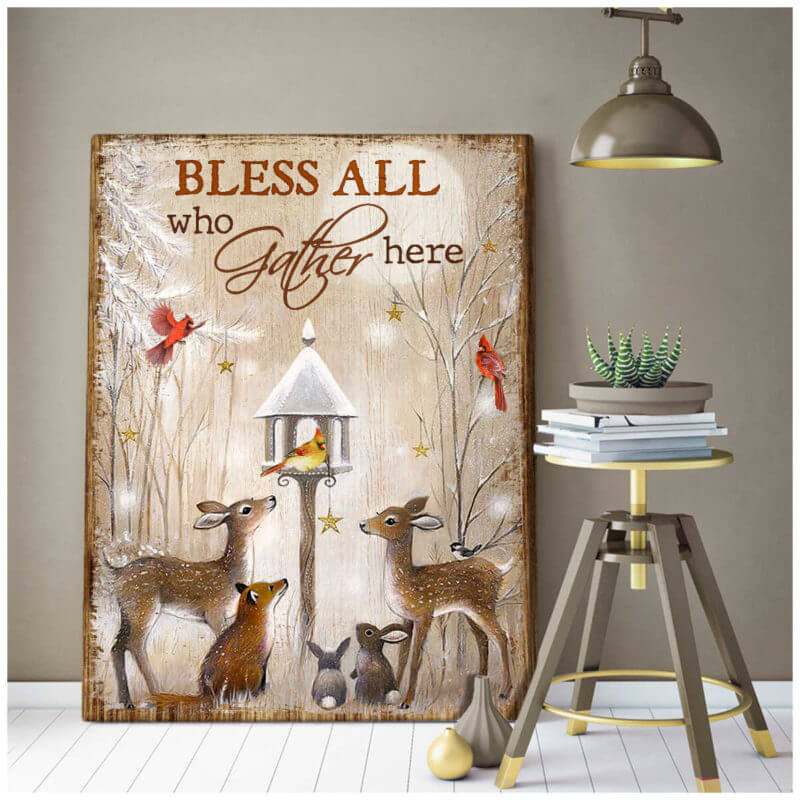 Bless All Who Gather Here Cardinal Deer Premium Wall Art Canvas