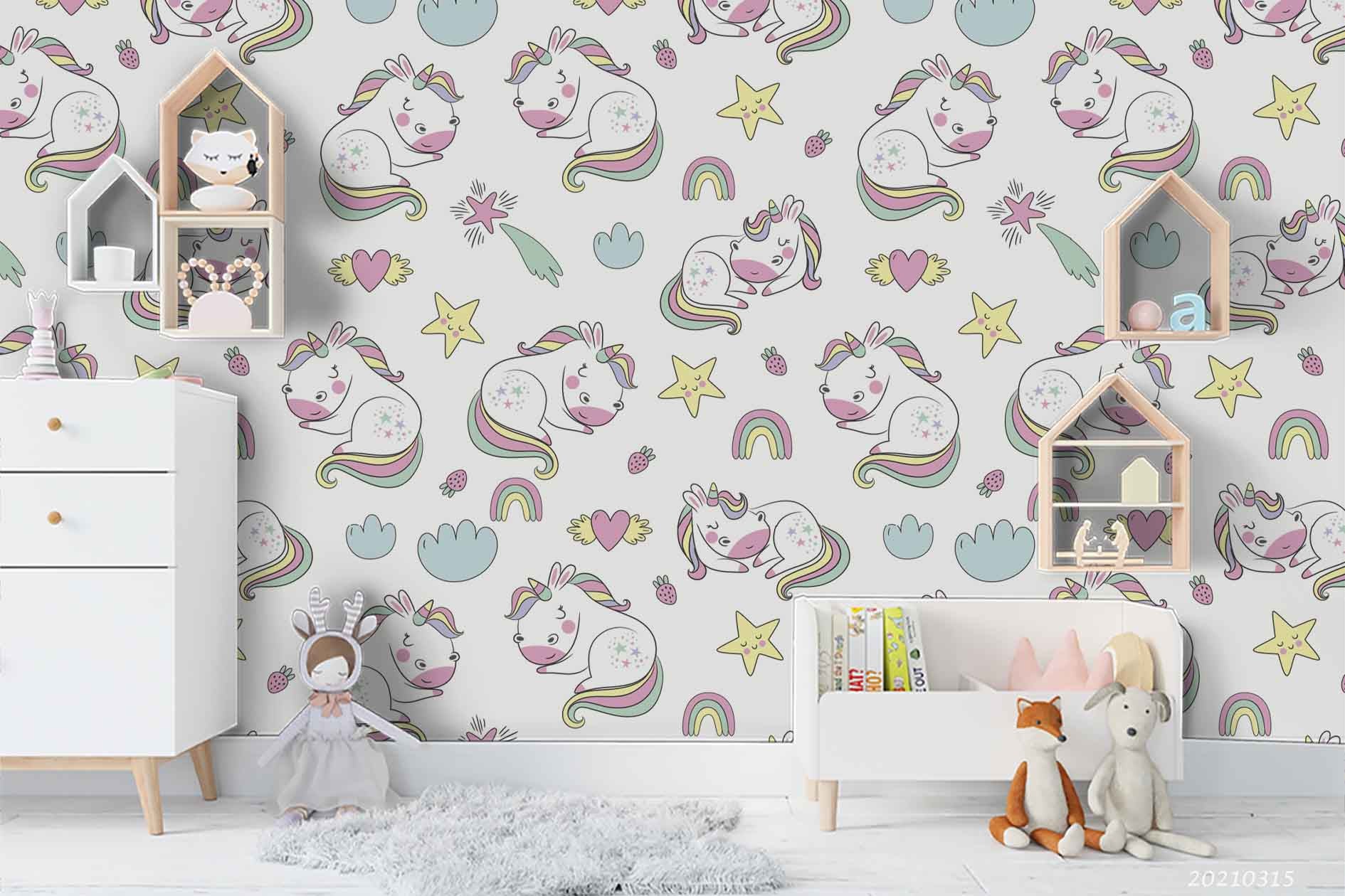 3D Cartoon Animal Unicorn Rainbow Wall Mural Wallpaper Lqh 353