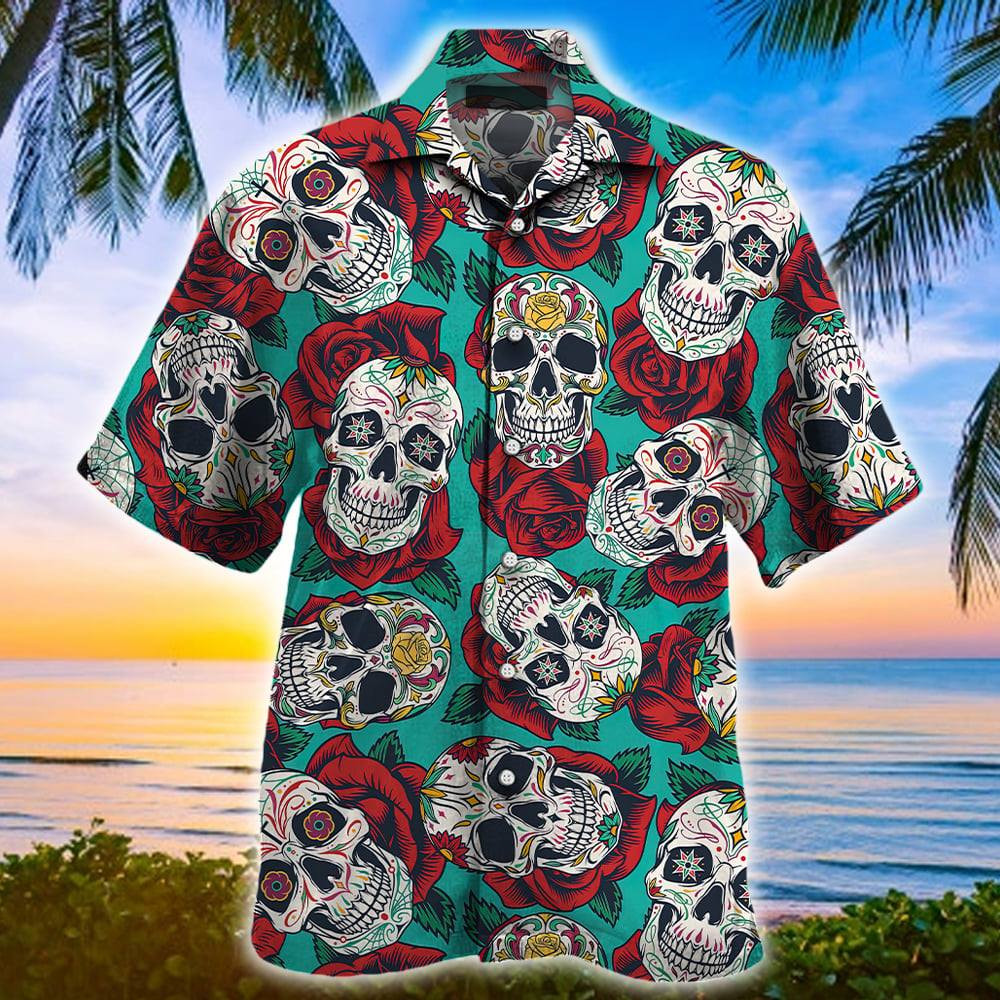 Sugar Skull With Rose Pattern Hawaii Shirts Dh Ha35991