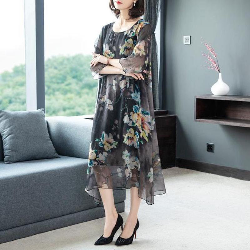 Vintage Elegant Fashion Floral Printed Dresses Summer 2022 Half Sleeve O-Neck Oversized Loose Pullover Midi Dress Women Clothing alx