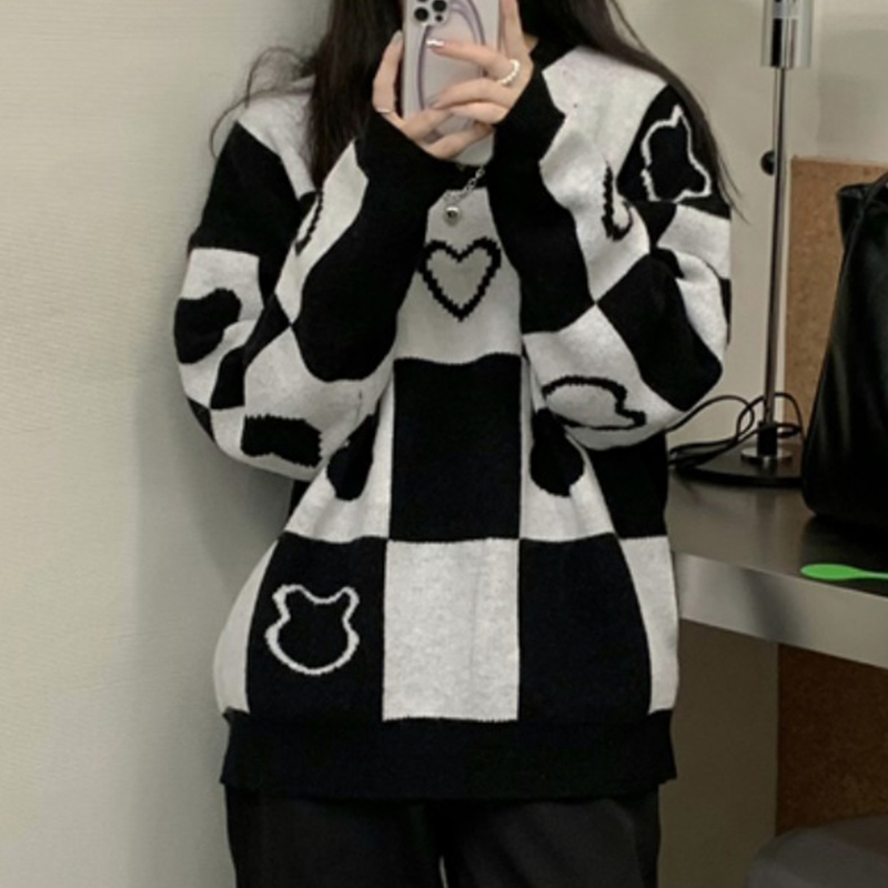 Black White Women Check Big Plaid Pullover Sweater Autumn Lady Contrast Color Cute Heart Bear Pull Sweaters Street Sweet Jumpers alx