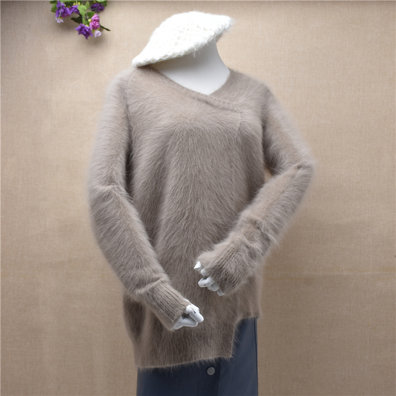 Regular women bottomed sweater basic gray V-Neck long sleeve irregular hem Angora rabbit hair sweater mink Fleece Pullover alx