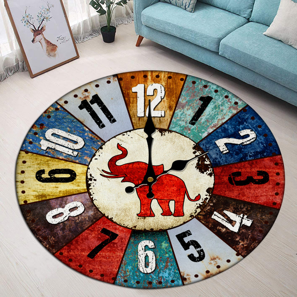 Elephant Vintage Clock Foldable Round Rug Circular Mat Fashion Full Print Design Area Rugs Anti-Slip Carpet For Living Room