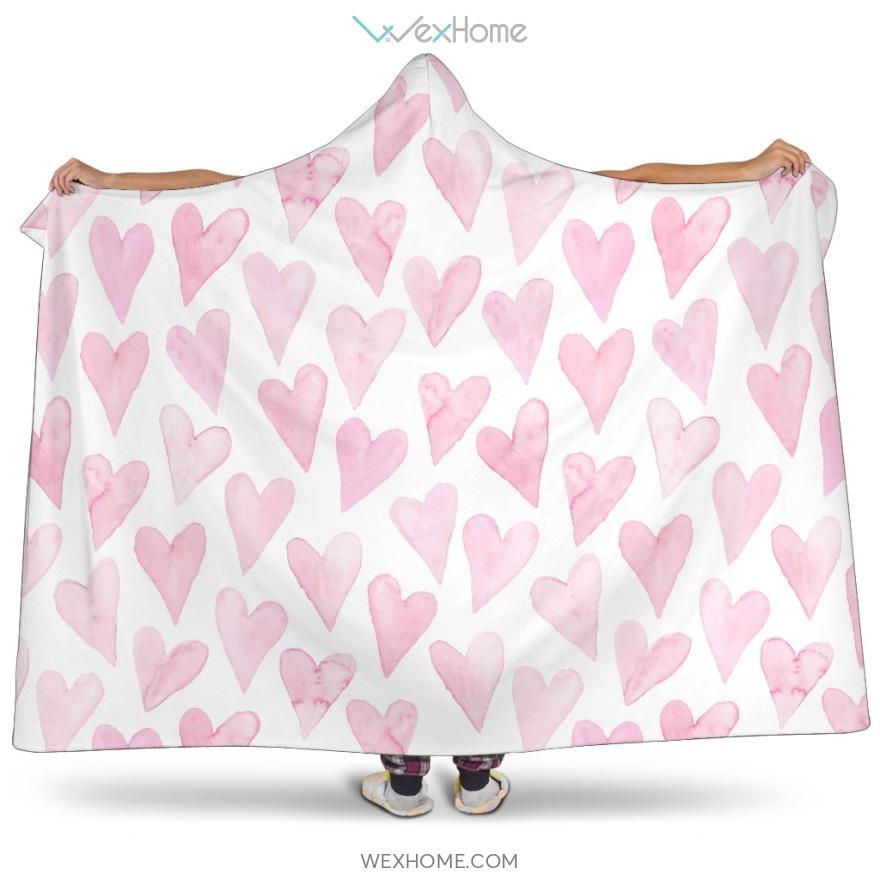 Watercolor Pink Heart Pattern Hooded Blanket