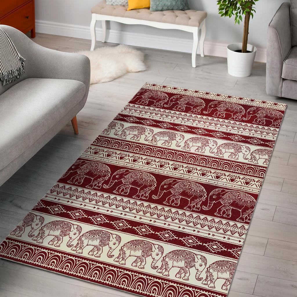 Red Aztec Elephant Pattern Print Area Rug