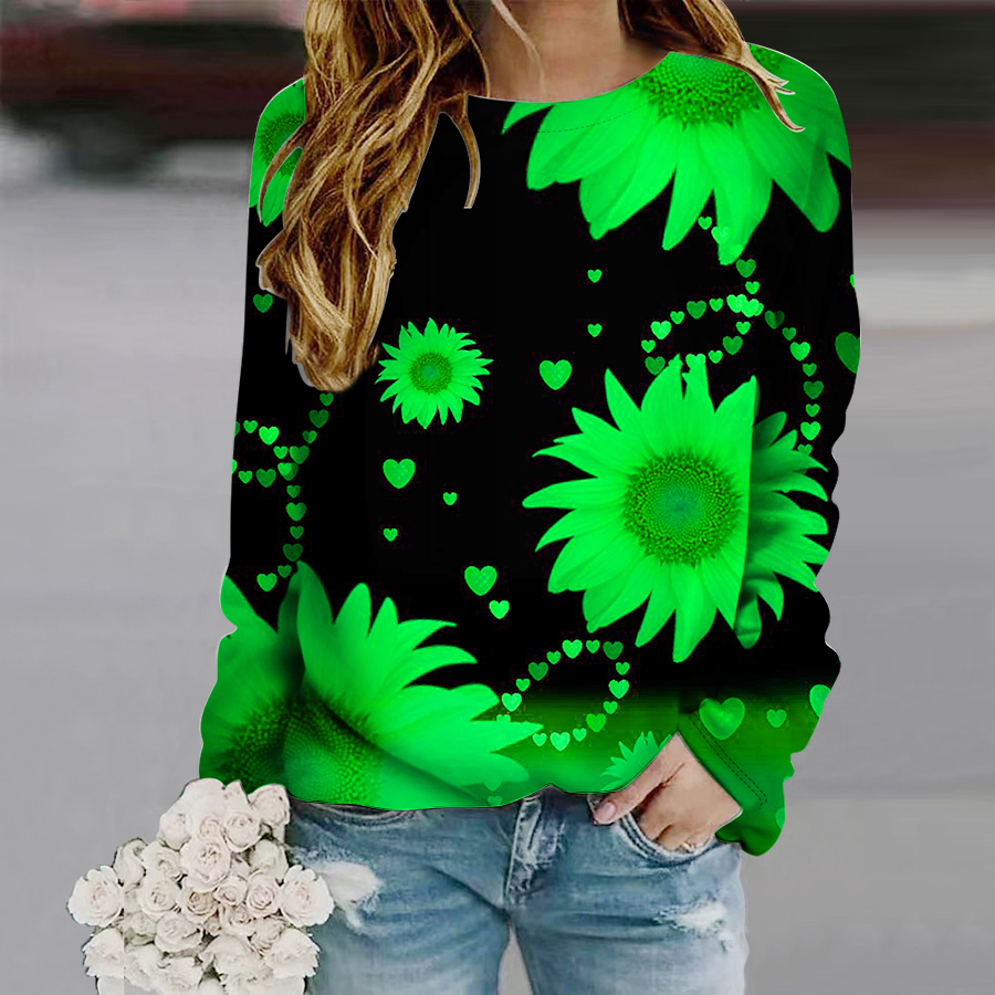 2022 New Winter Ladies Loose Tops Round Neck Sunflower Print T-shirt Retro Pullover Autumn Women Casual Long Sleeve Sweater alx