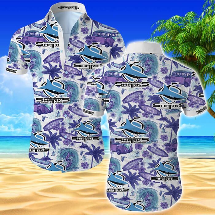 Cronulla-Sutherland Sharks Hawaiian Shirt Tropical Flower Short Sleeve Slim Fit Body -Zx09952