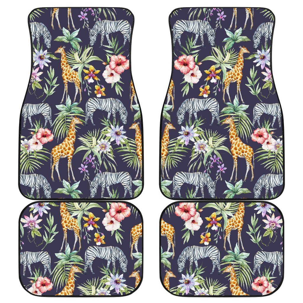 Tropical Zebra Giraffe Pattern Print Front And Back Car Floor Mats, Front Car Mat