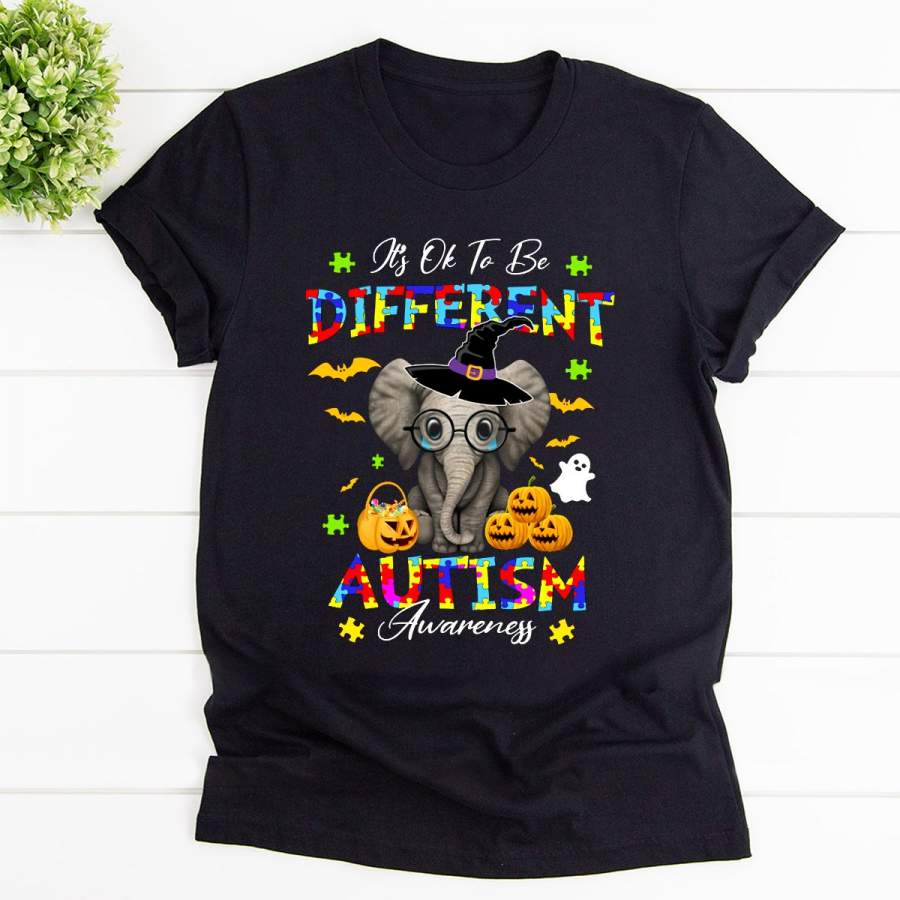 Autism Elephant Witch Pumpkin It’s Ok To Be Different Autism Halloween Gift Black Cotton T Shirt For Men and Women S-6XL