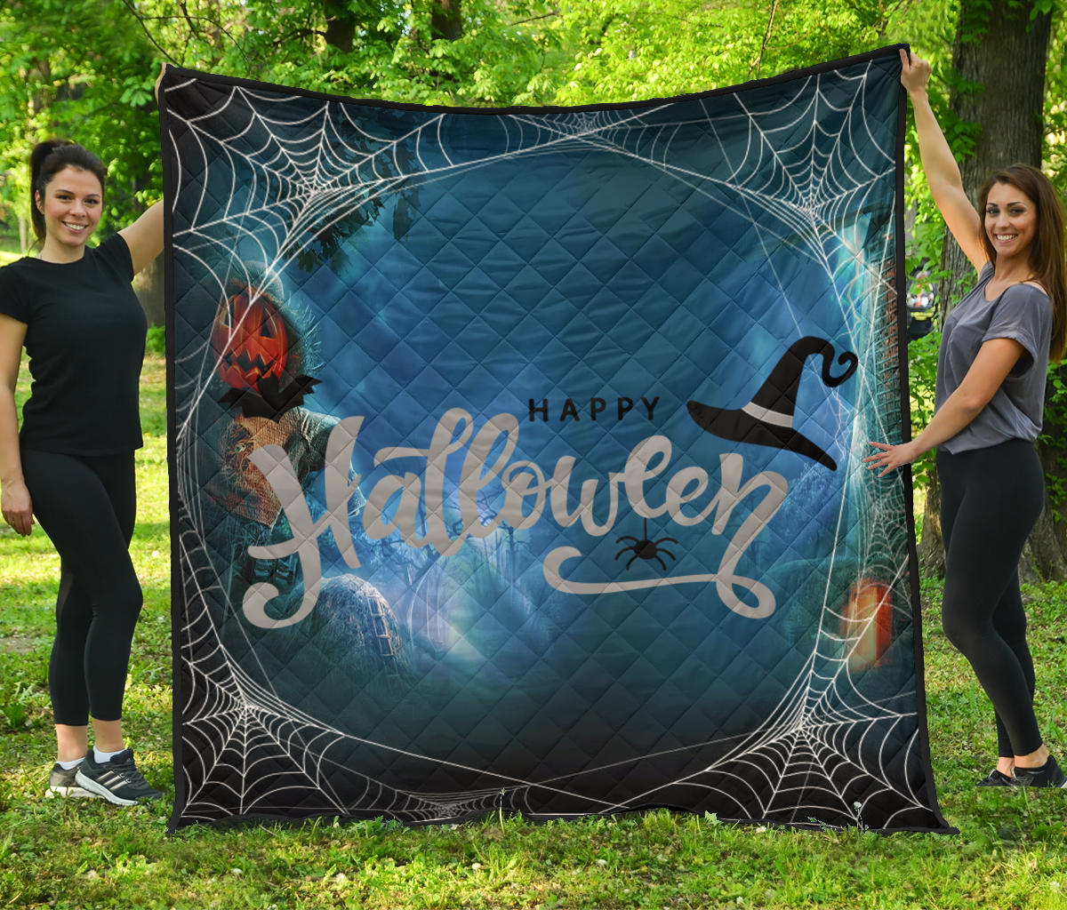 Halloween Premium Quilt | Blue Halloween Night Sky With Spider Web Quilt Blanket