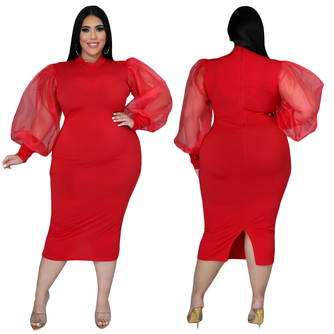 XL-5XL Wholesale Dropshipping 2021 Fall Women Plus Size Dress Fashion Solid Color Long Sleeve Mesh Elegant Business Casual Dress alx