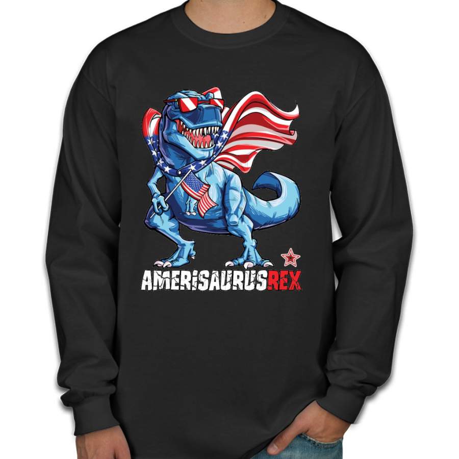 Dinosaur American Flag T shirt 4th of July Amerisaurus T Rex Men Long Sleeve Shirt