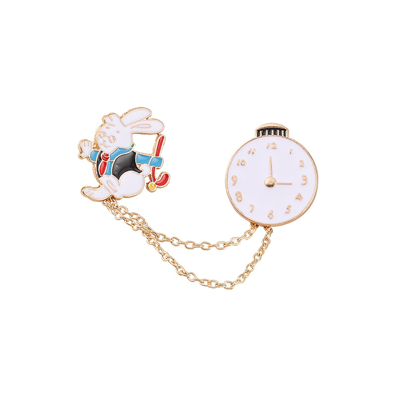 Creative Personality Watch Chain Brooch Cartoon Rabbit Animal Brooch Funny Backpack Badge Rabbit Lapel Pins Cute Enamel Pins alx